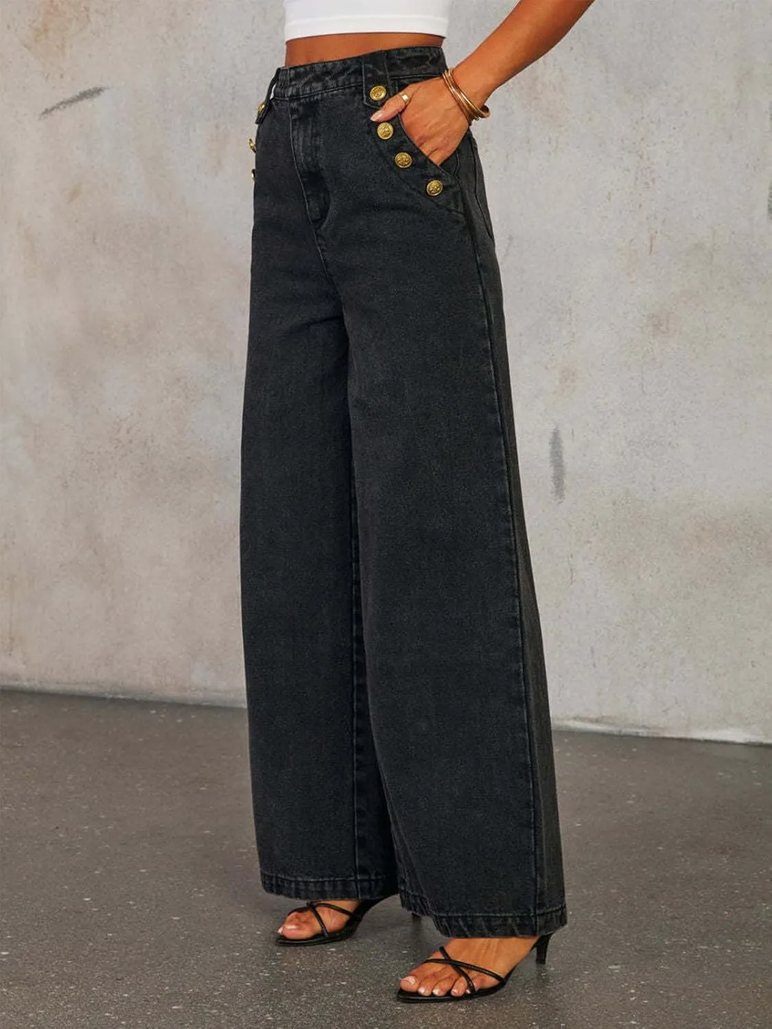 Women's Casual High Waisted Jeans Stretch Wide Leg Baggy Loose Denim Pants