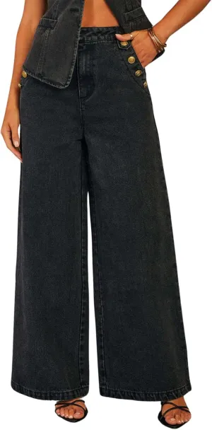 Women's Casual High Waisted Jeans Stretch Wide Leg Baggy Loose Denim Pants