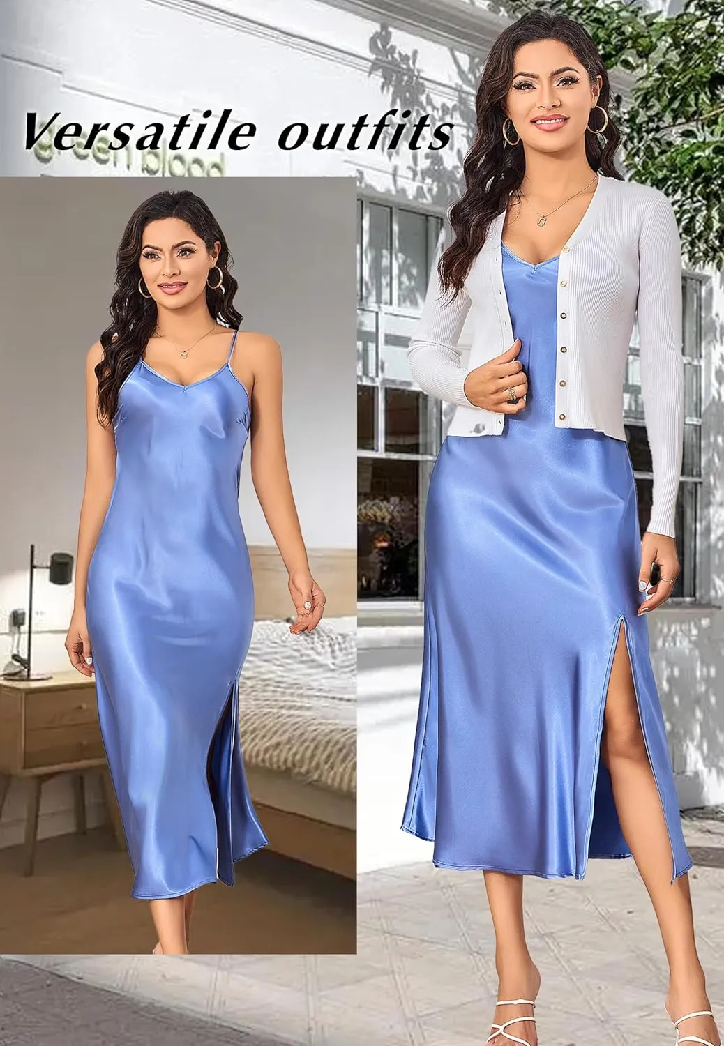 Women's Causal Silky Long Satin Slip Dress Nightgown Adjustable Strap Midi Dress Silky Gown V Neck Under Dress