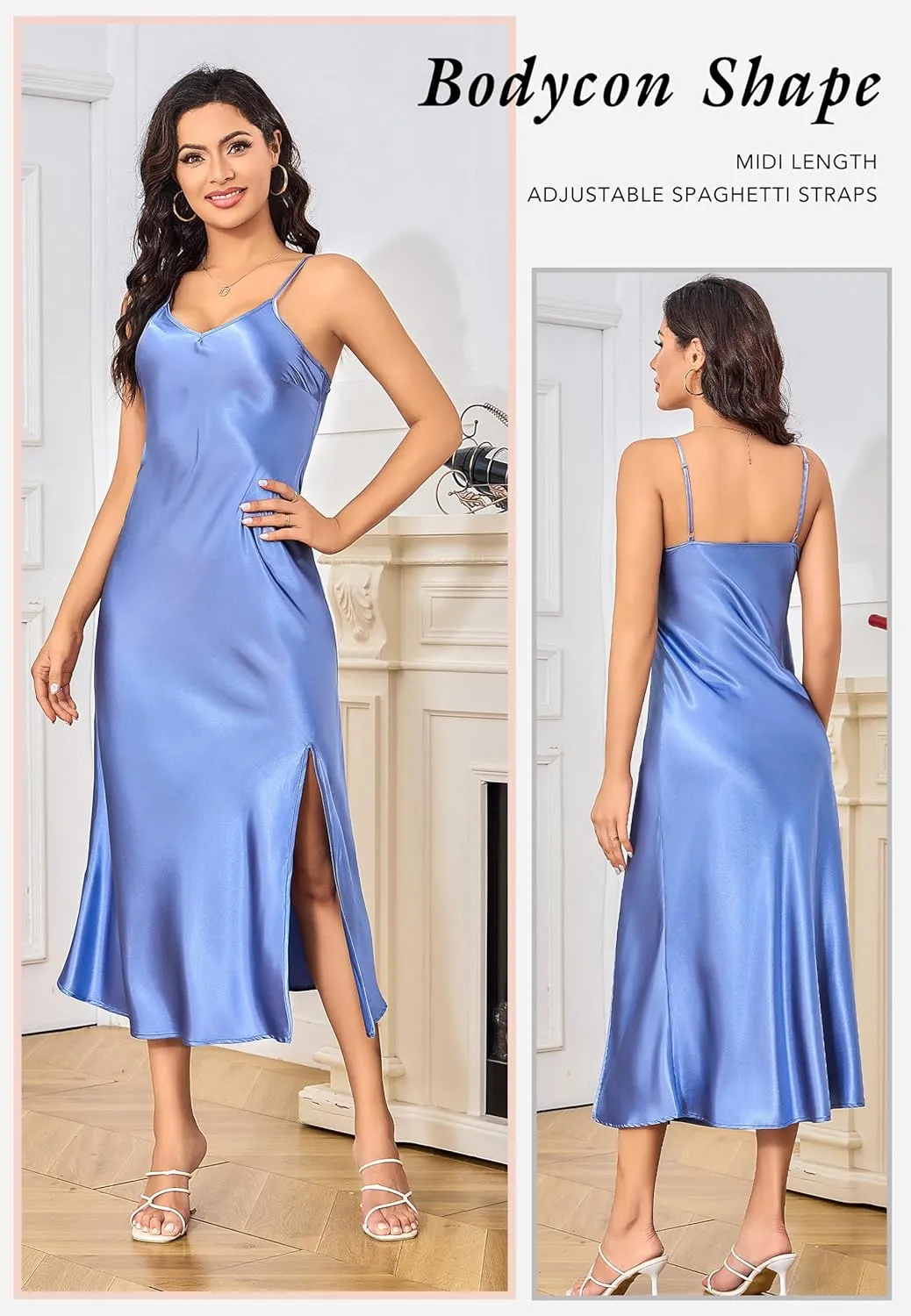 Women's Causal Silky Long Satin Slip Dress Nightgown Adjustable Strap Midi Dress Silky Gown V Neck Under Dress