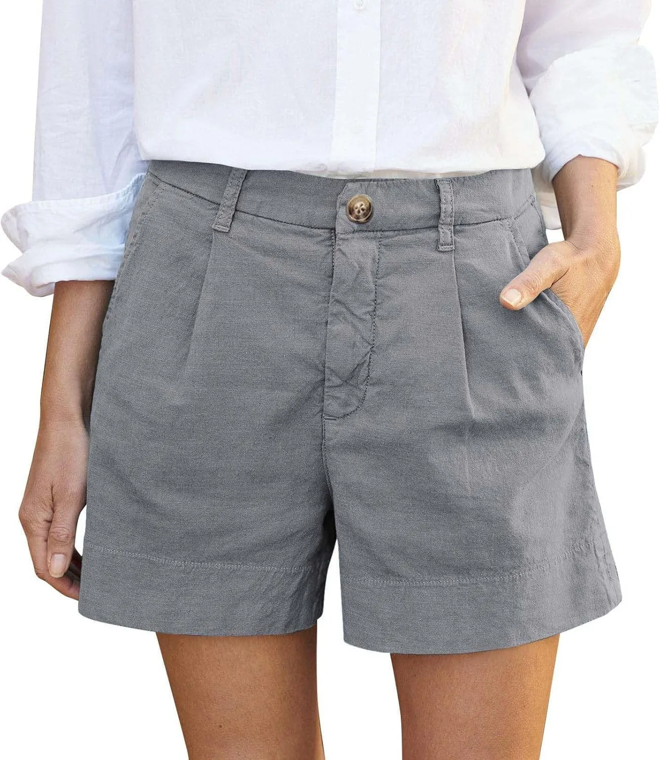 Womens Cotton Linen Shorts Summer Chino Shorts High Waisted Bermuda Shorts Dressy Wide Leg Shorts with Pockets