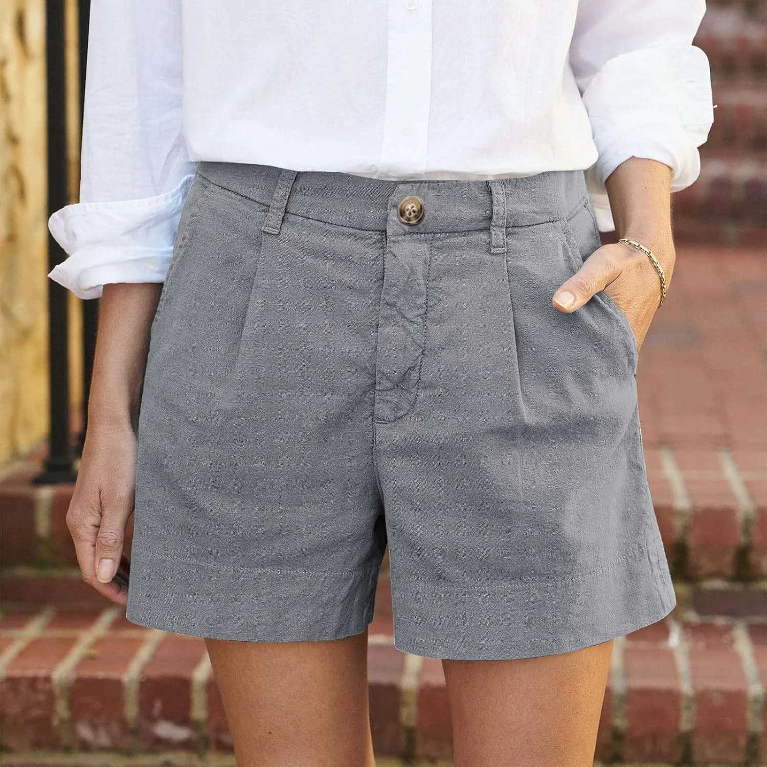 Womens Cotton Linen Shorts Summer Chino Shorts High Waisted Bermuda Shorts Dressy Wide Leg Shorts with Pockets