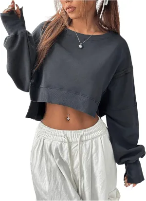 Women's Crewneck Long Sleeve Cropped Sweatshirt Drop Shoulder Loose Crop Top