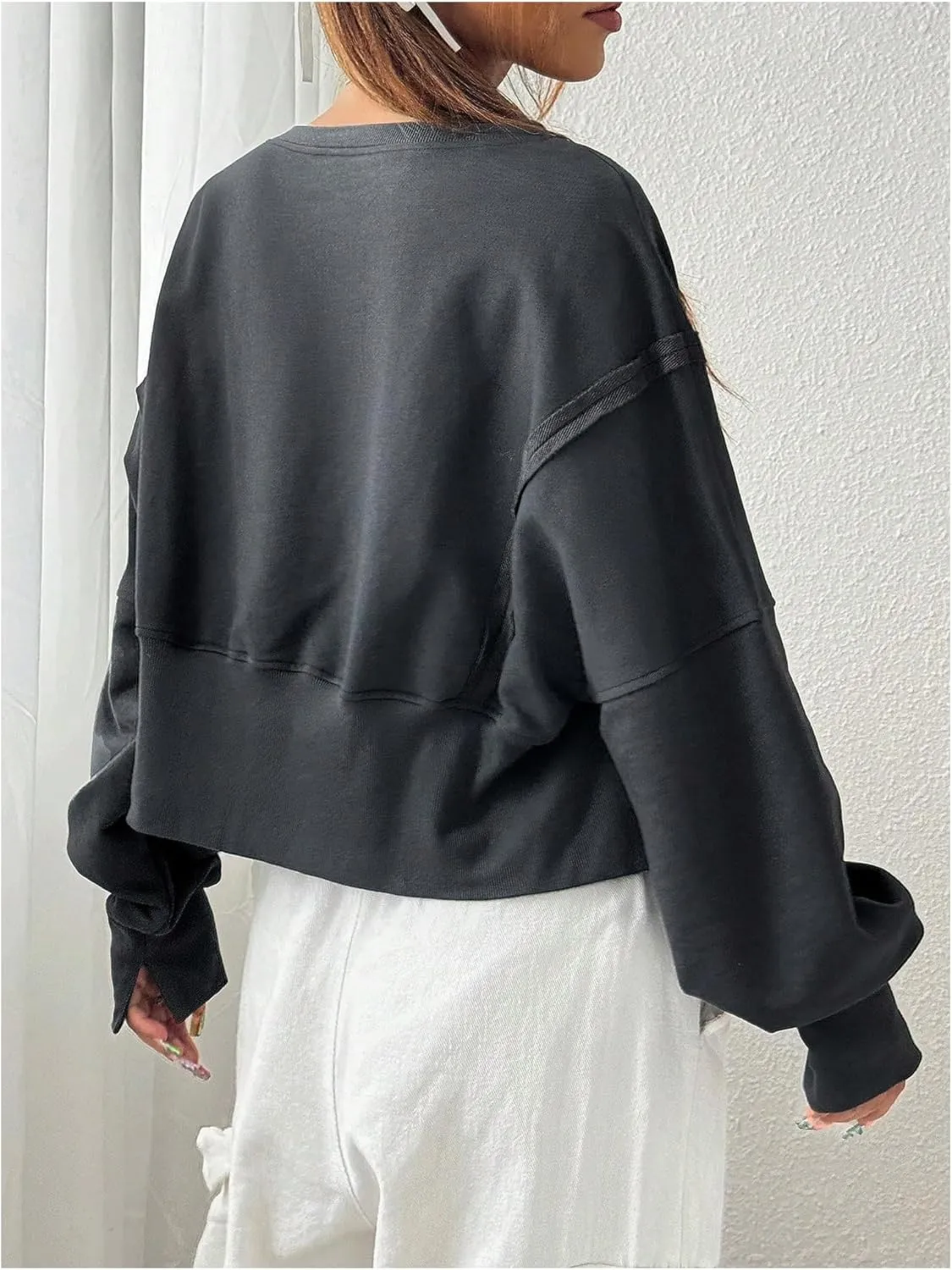 Women's Crewneck Long Sleeve Cropped Sweatshirt Drop Shoulder Loose Crop Top