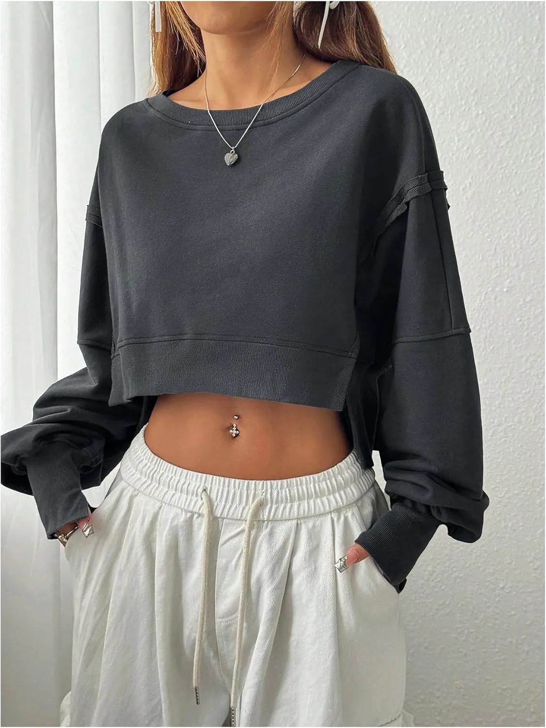 Women's Crewneck Long Sleeve Cropped Sweatshirt Drop Shoulder Loose Crop Top