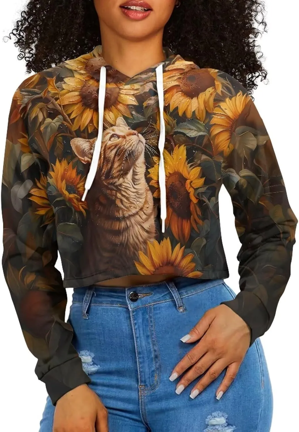 Womens Crop Top Long Sleeve Hoodies Drawstring Sweatshirts Loose Pullovers Tops