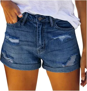 Womens Denim Shorts Trendy Ripped Jean Shorts High Waisted Stretchy Denim Shorts Cuffed Hem Hot Shorts Jeans Shorts