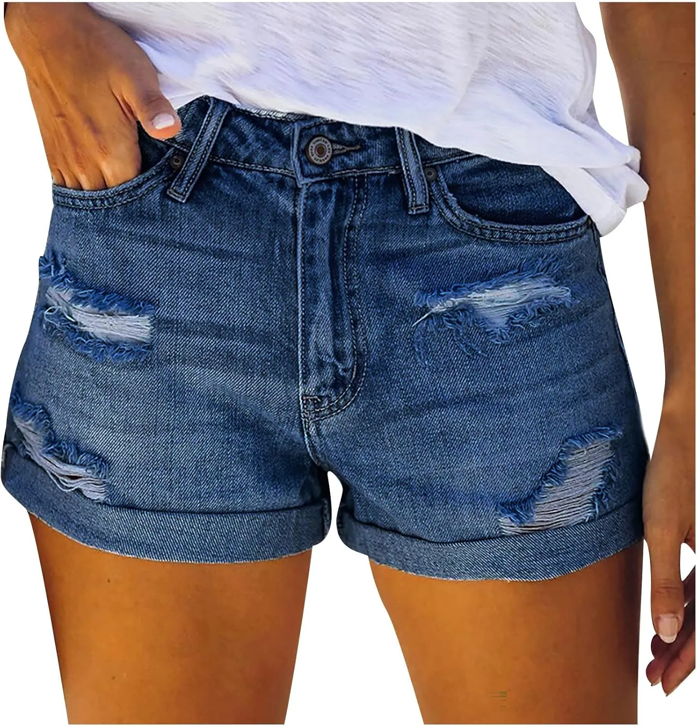 Womens Denim Shorts Trendy Ripped Jean Shorts High Waisted Stretchy Denim Shorts Cuffed Hem Hot Shorts Jeans Shorts