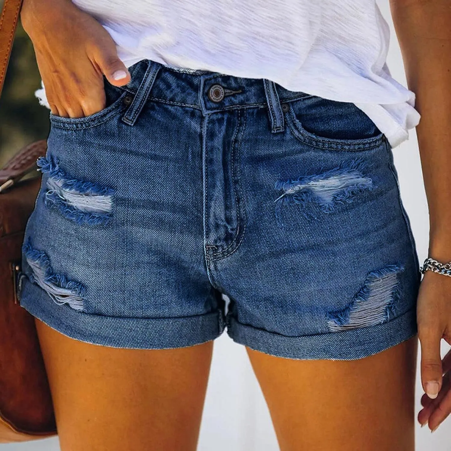Womens Denim Shorts Trendy Ripped Jean Shorts High Waisted Stretchy Denim Shorts Cuffed Hem Hot Shorts Jeans Shorts
