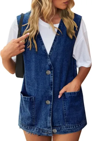 Women's Denim Vest Jacket Classic Oversized Boyfriend Sleeveless Button Down Jean Waistcoat Outerwear