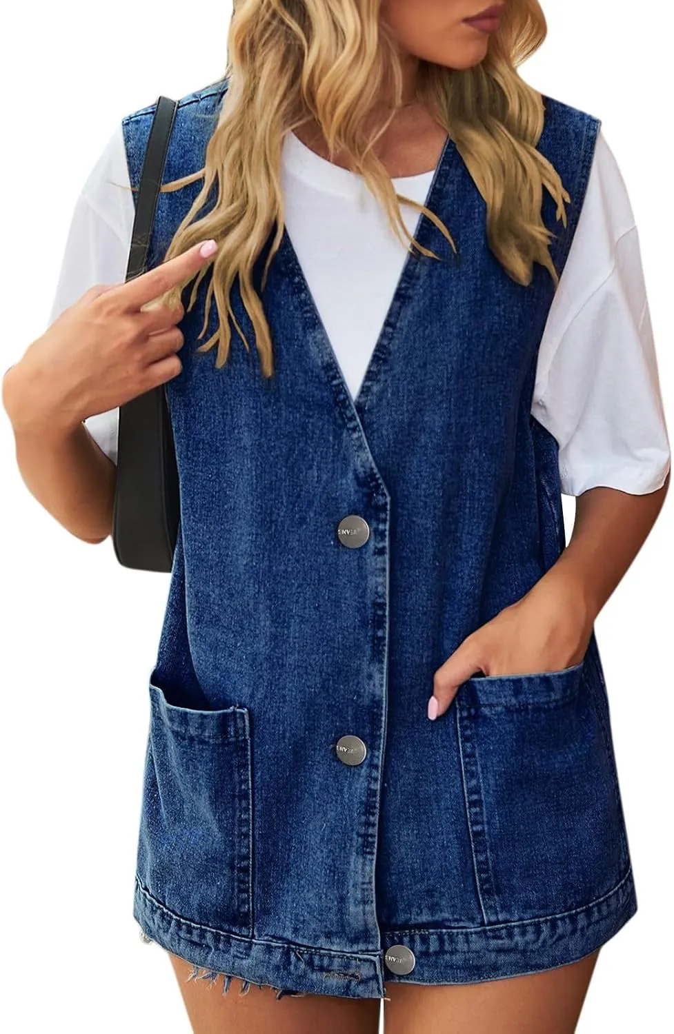 Women's Denim Vest Jacket Classic Oversized Boyfriend Sleeveless Button Down Jean Waistcoat Outerwear