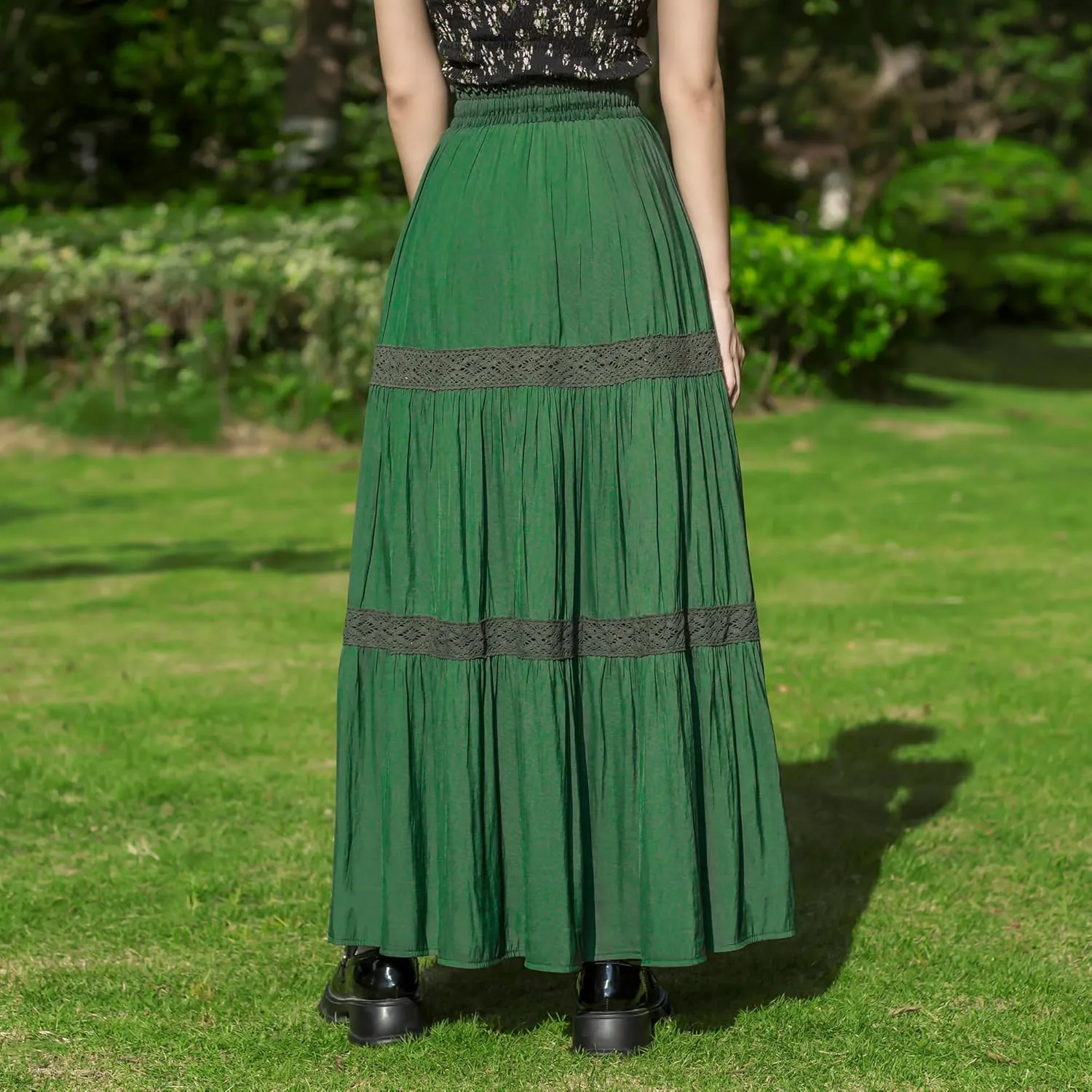 Women's Elastic High Waist Pleated Maxi Skirts Boho Summer Tiered Drawstring Skirt Bohemian Long Ruffle Dress