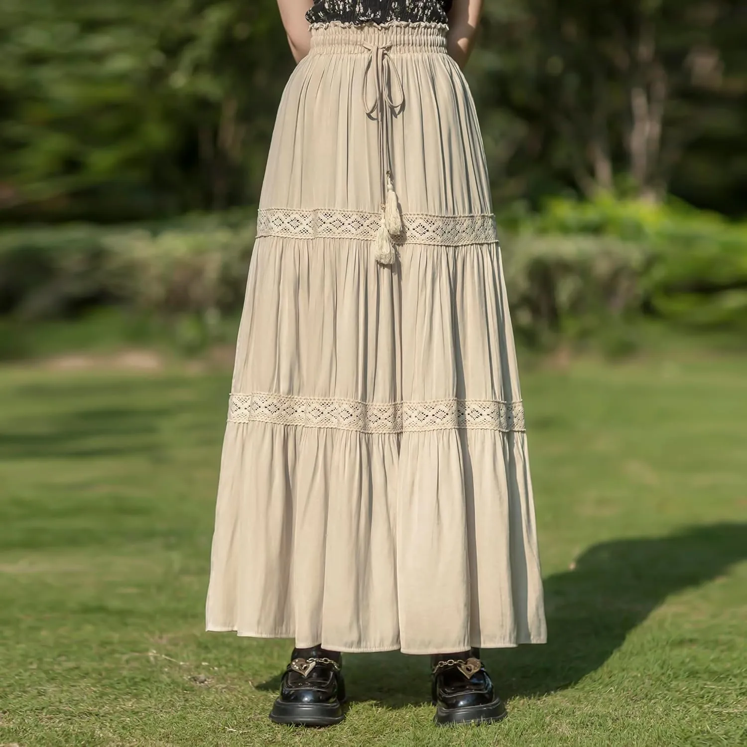 Women's Elastic High Waist Pleated Maxi Skirts Boho Summer Tiered Drawstring Skirt Bohemian Long Ruffle Dress