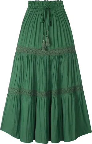 Women's Elastic High Waist Pleated Maxi Skirts Boho Summer Tiered Drawstring Skirt Bohemian Long Ruffle Dress