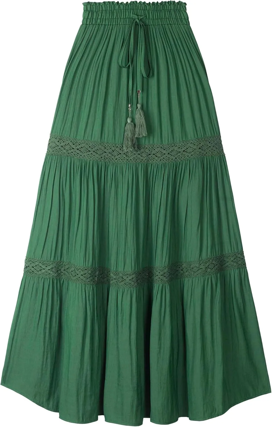 Women's Elastic High Waist Pleated Maxi Skirts Boho Summer Tiered Drawstring Skirt Bohemian Long Ruffle Dress