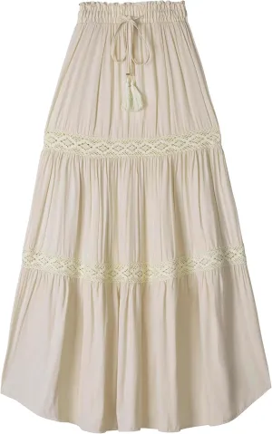 Women's Elastic High Waist Pleated Maxi Skirts Boho Summer Tiered Drawstring Skirt Bohemian Long Ruffle Dress