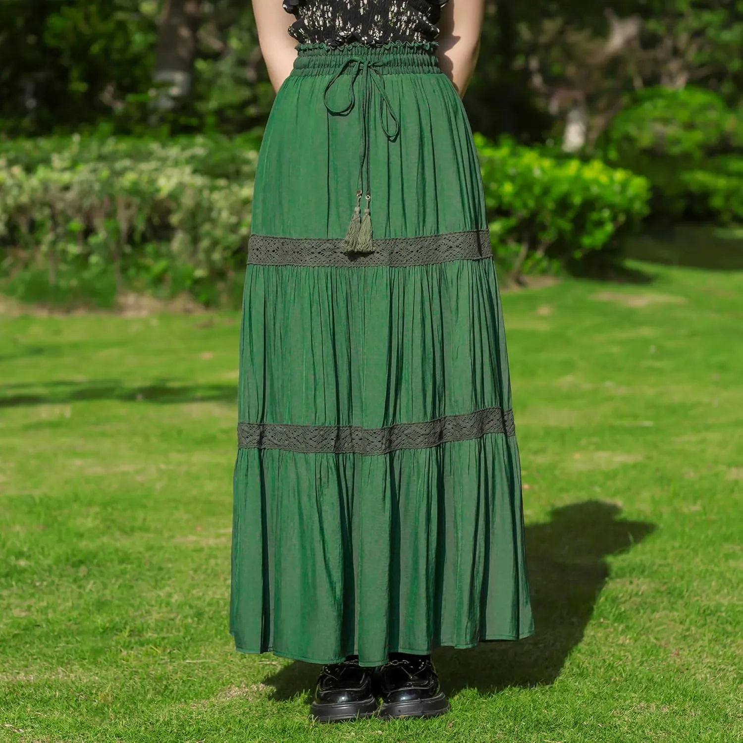 Women's Elastic High Waist Pleated Maxi Skirts Boho Summer Tiered Drawstring Skirt Bohemian Long Ruffle Dress