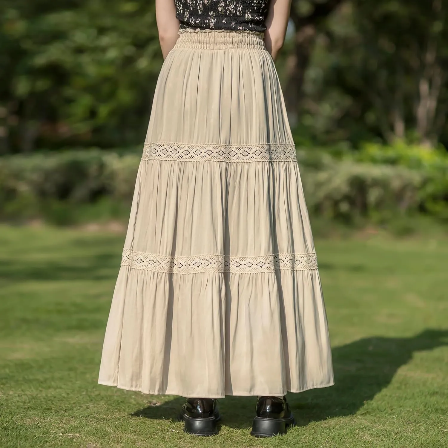 Women's Elastic High Waist Pleated Maxi Skirts Boho Summer Tiered Drawstring Skirt Bohemian Long Ruffle Dress