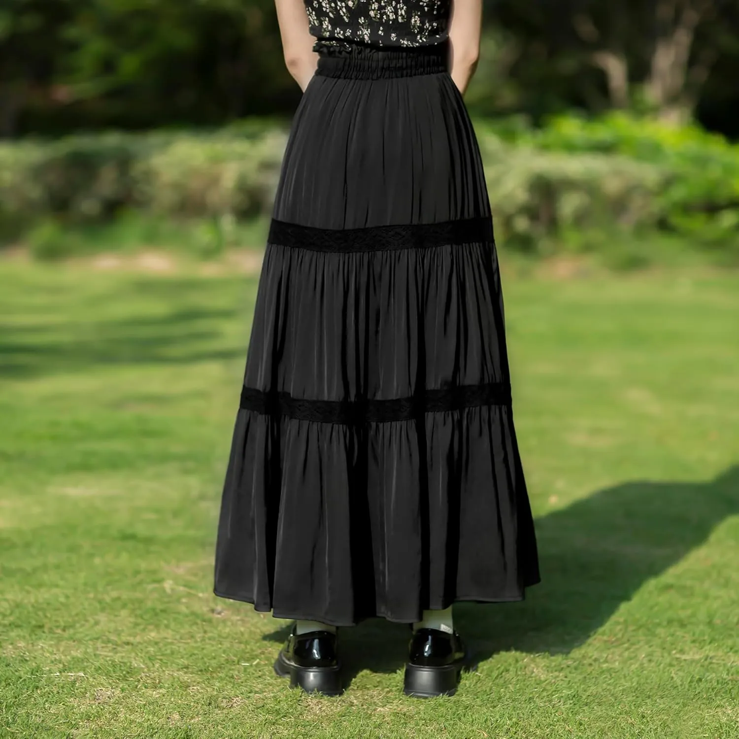 Women's Elastic High Waist Pleated Maxi Skirts Boho Summer Tiered Drawstring Skirt Bohemian Long Ruffle Dress