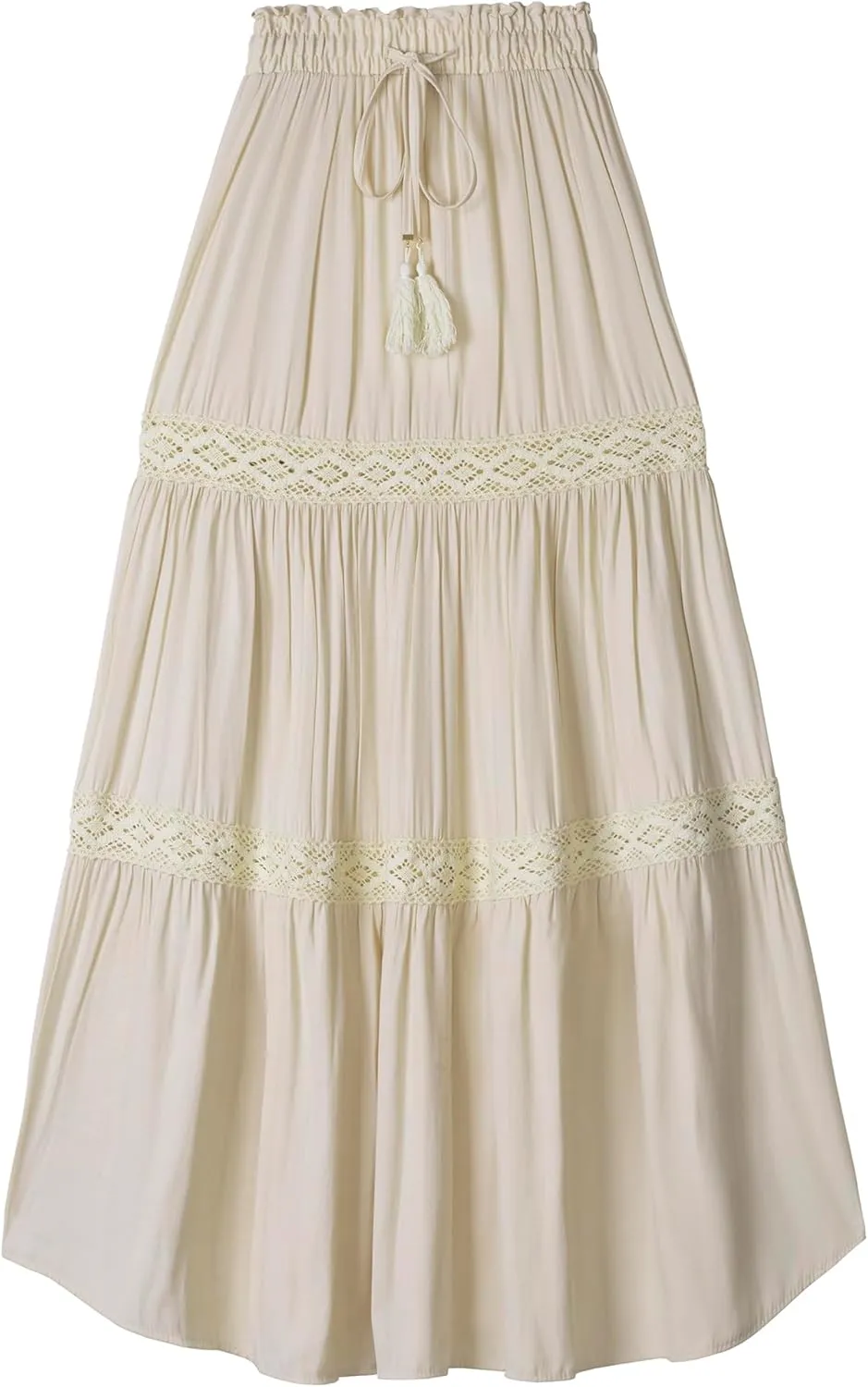 Women's Elastic High Waist Pleated Maxi Skirts Boho Summer Tiered Drawstring Skirt Bohemian Long Ruffle Dress
