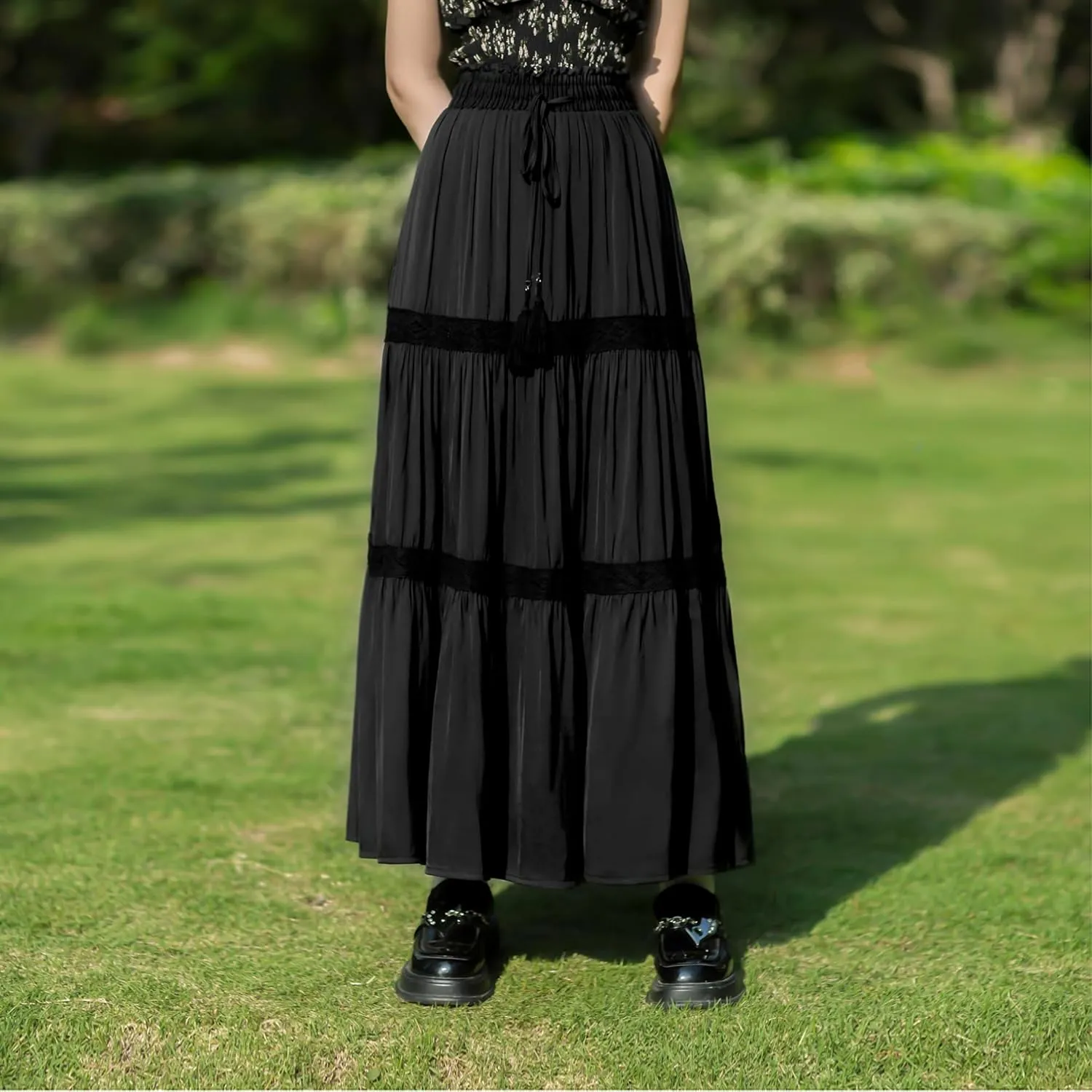 Women's Elastic High Waist Pleated Maxi Skirts Boho Summer Tiered Drawstring Skirt Bohemian Long Ruffle Dress