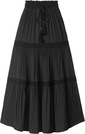 Women's Elastic High Waist Pleated Maxi Skirts Boho Summer Tiered Drawstring Skirt Bohemian Long Ruffle Dress