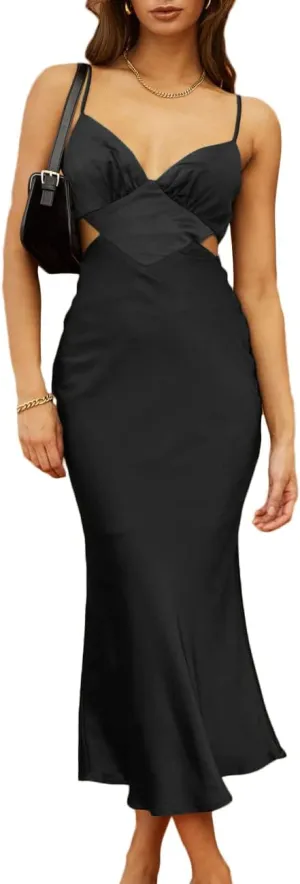 Women's Fall Satin Backless Maxi Dress Silk Cut Out V Neck Slip Tie Back Formal Cocktail Midi Dresses for Wedding Guest