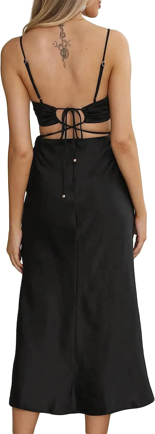 Women's Fall Satin Backless Maxi Dress Silk Cut Out V Neck Slip Tie Back Formal Cocktail Midi Dresses for Wedding Guest