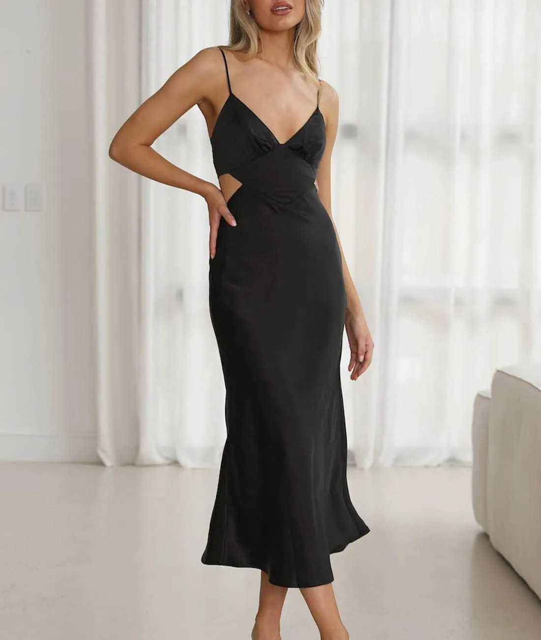 Women's Fall Satin Backless Maxi Dress Silk Cut Out V Neck Slip Tie Back Formal Cocktail Midi Dresses for Wedding Guest
