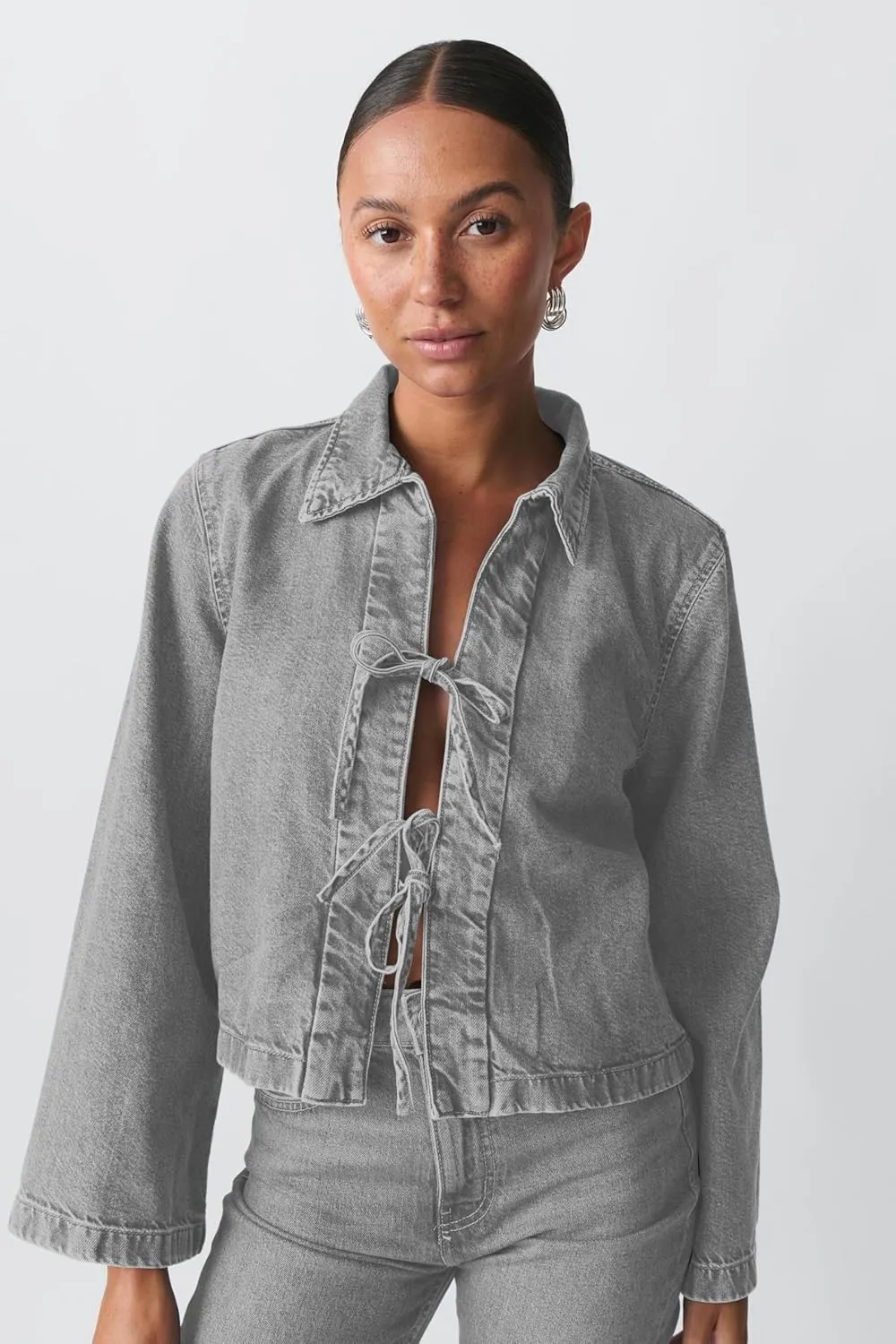 Women’s Fashion Denim Jacket Coat Tie Front Lapel Long Sleeve Shirt Denim Jacket Y2k Clothes