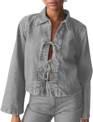 Women’s Fashion Denim Jacket Coat Tie Front Lapel Long Sleeve Shirt Denim Jacket Y2k Clothes