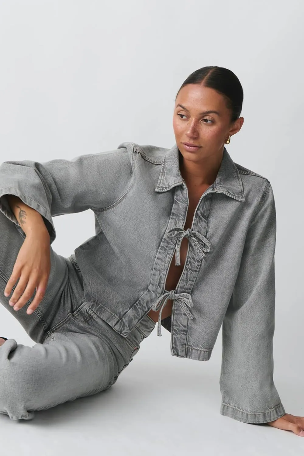 Women’s Fashion Denim Jacket Coat Tie Front Lapel Long Sleeve Shirt Denim Jacket Y2k Clothes