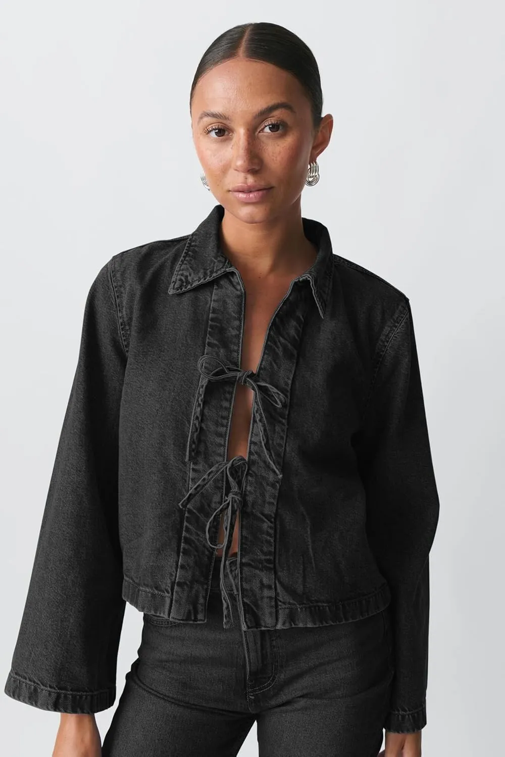 Women’s Fashion Denim Jacket Coat Tie Front Lapel Long Sleeve Shirt Denim Jacket Y2k Clothes