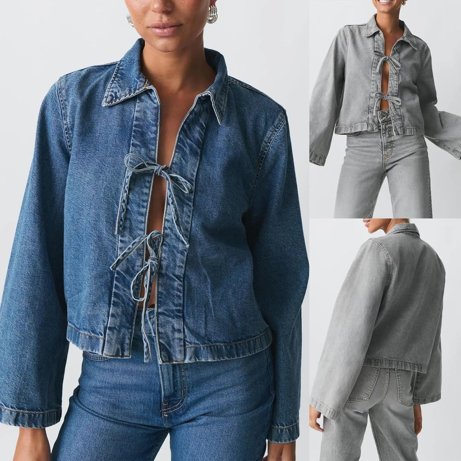 Women’s Fashion Denim Jacket Coat Tie Front Lapel Long Sleeve Shirt Denim Jacket Y2k Clothes