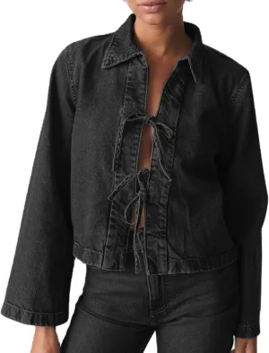 Women’s Fashion Denim Jacket Coat Tie Front Lapel Long Sleeve Shirt Denim Jacket Y2k Clothes