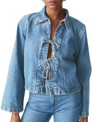 Women’s Fashion Denim Jacket Coat Tie Front Lapel Long Sleeve Shirt Denim Jacket Y2k Clothes