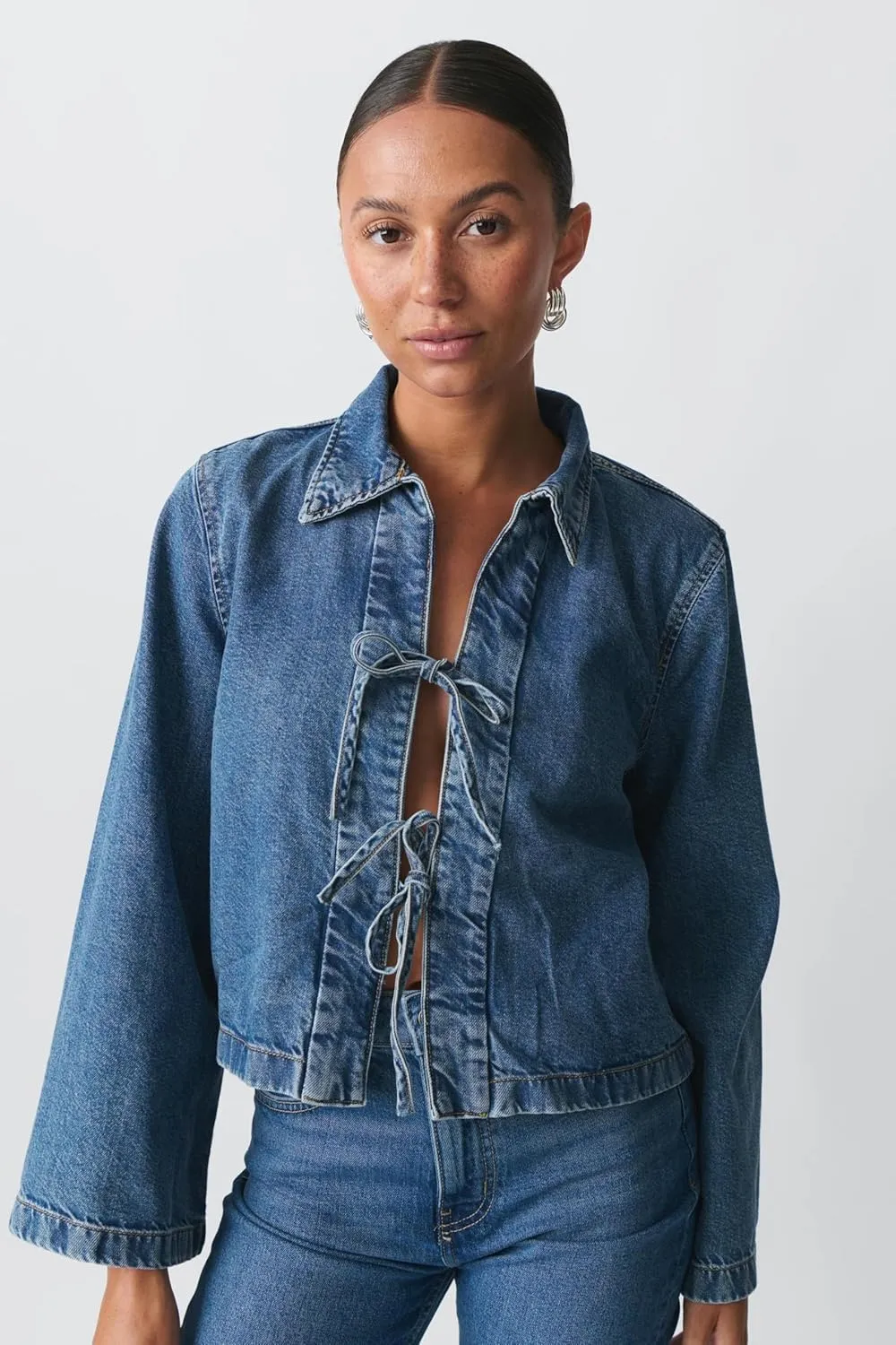 Women’s Fashion Denim Jacket Coat Tie Front Lapel Long Sleeve Shirt Denim Jacket Y2k Clothes