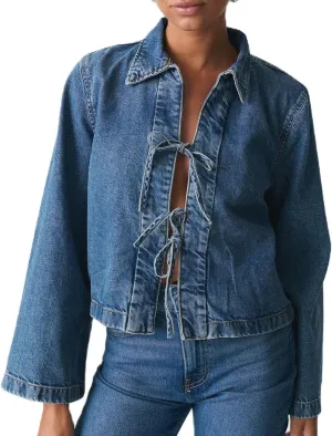 Women’s Fashion Denim Jacket Coat Tie Front Lapel Long Sleeve Shirt Denim Jacket Y2k Clothes