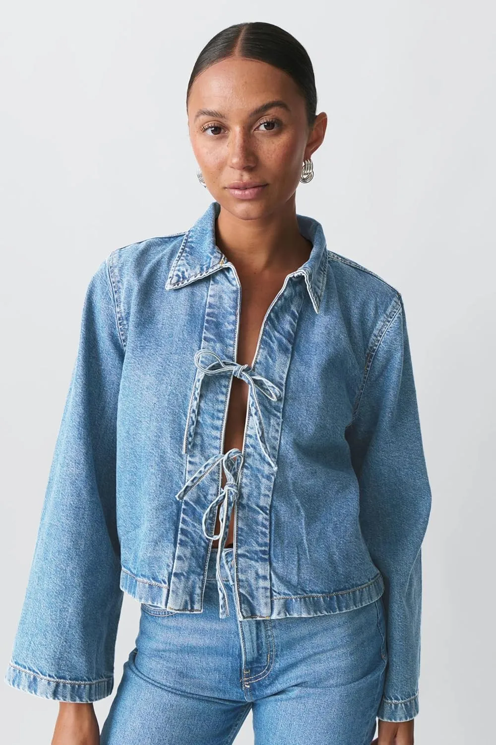 Women’s Fashion Denim Jacket Coat Tie Front Lapel Long Sleeve Shirt Denim Jacket Y2k Clothes