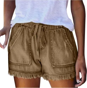 Women's High Waisted Denim Shorts Ripped Hem Frayed Distressed Short Jeans Junior Drawstring Stretchy Short Jeans