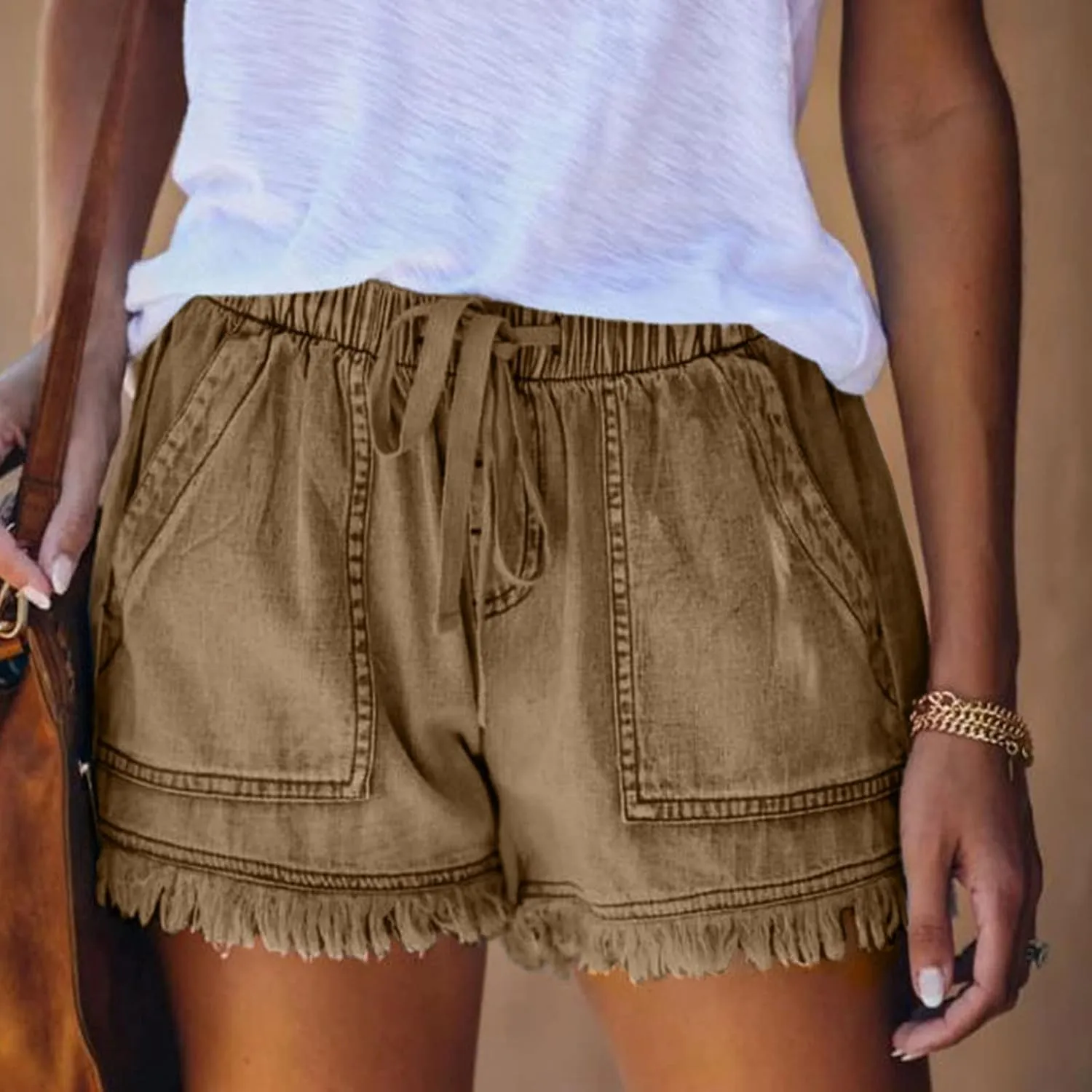 Women's High Waisted Denim Shorts Ripped Hem Frayed Distressed Short Jeans Junior Drawstring Stretchy Short Jeans