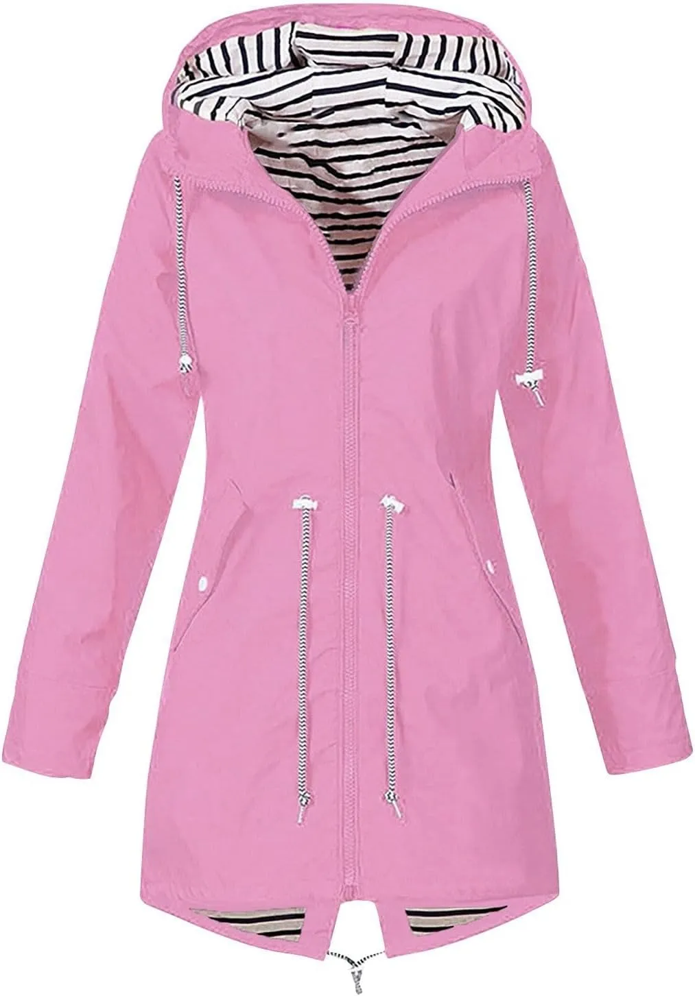 Women's Hooded Rain Jacket Lightweight Windbreaker with Drawstring Waist and Striped Light Rain Jacket Women