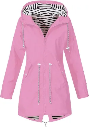 Women's Hooded Rain Jacket Lightweight Windbreaker with Drawstring Waist and Striped Light Rain Jacket Women