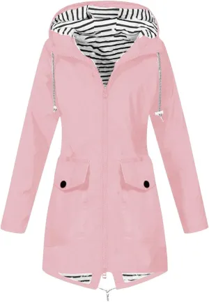 Women's Hooded Rain Jacket Lightweight Windbreaker with Drawstring Waist and Striped Light Rain Jacket Women
