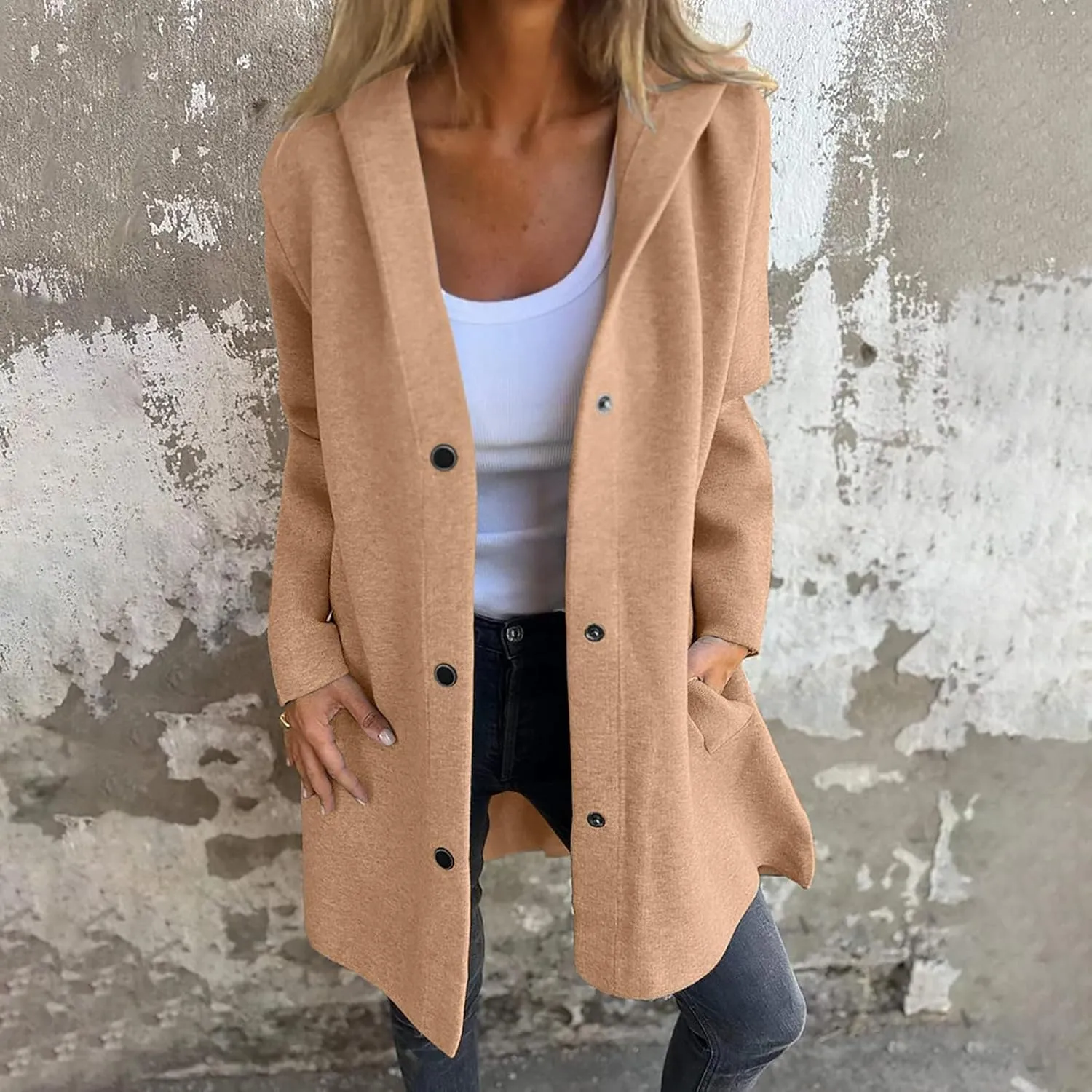Womens Jackets Casual Single Breasted Hooded Jacket Lapel Neck Long Sleeve Solid Cardigans Trench Coat for Women 2024