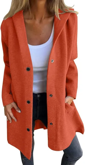 Womens Jackets Casual Single Breasted Hooded Jacket Lapel Neck Long Sleeve Solid Cardigans Trench Coat for Women 2024