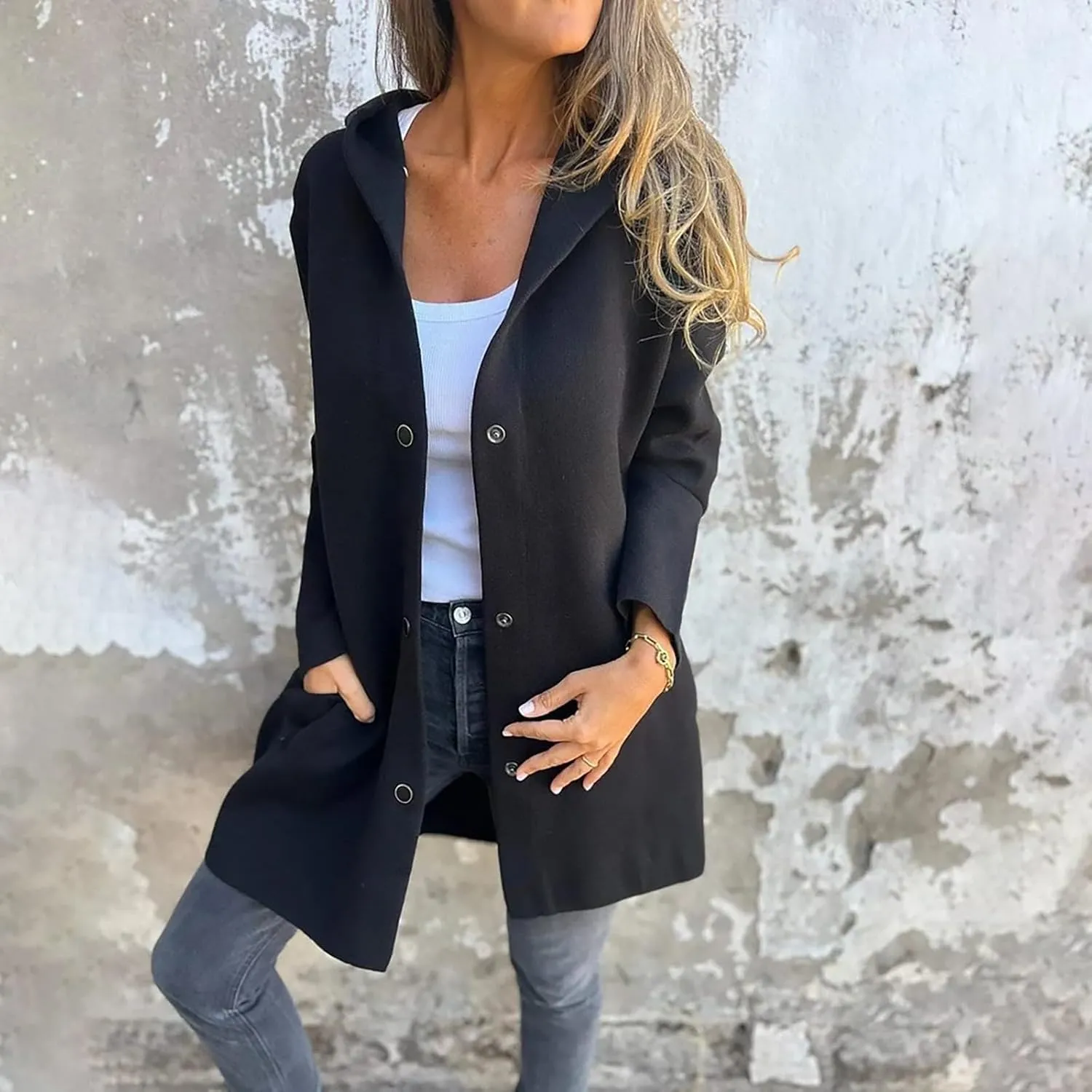 Womens Jackets Casual Single Breasted Hooded Jacket Lapel Neck Long Sleeve Solid Cardigans Trench Coat for Women 2024