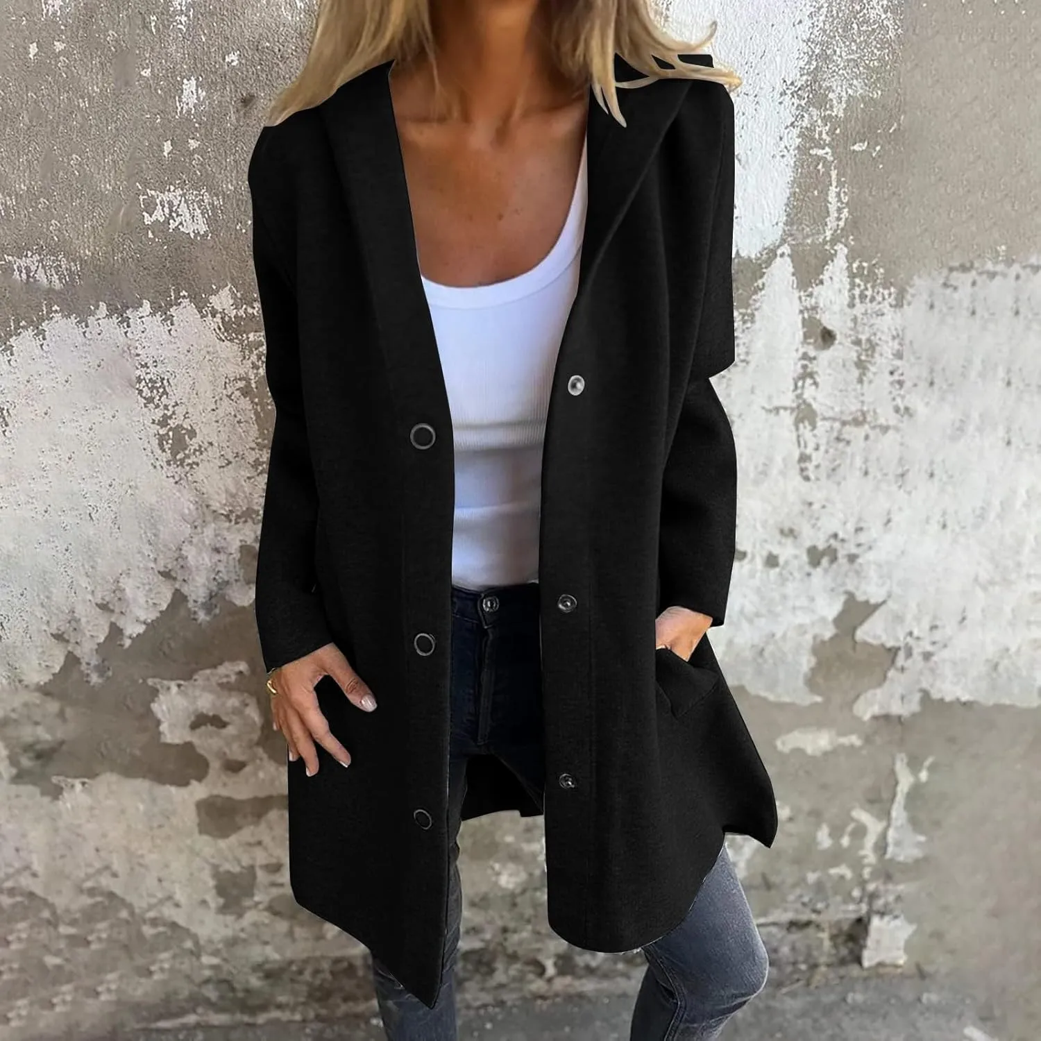 Womens Jackets Casual Single Breasted Hooded Jacket Lapel Neck Long Sleeve Solid Cardigans Trench Coat for Women 2024