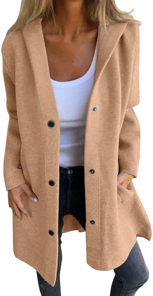 Womens Jackets Casual Single Breasted Hooded Jacket Lapel Neck Long Sleeve Solid Cardigans Trench Coat for Women 2024