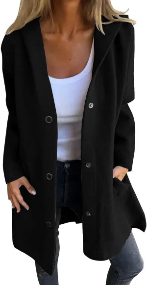 Womens Jackets Casual Single Breasted Hooded Jacket Lapel Neck Long Sleeve Solid Cardigans Trench Coat for Women 2024